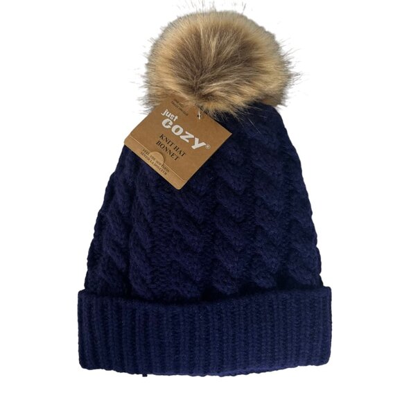 Just Cozy Knit Hat Bonnet Blue Pom Pom  Ball Cable Knit Thermal Lining OS New - Picture 1 of 9
